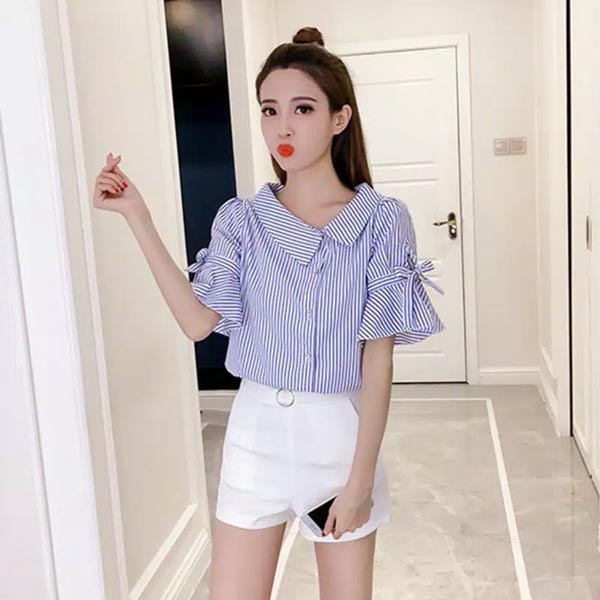 Top blouse shirt kemeja garis-garis kasual wanita import korea