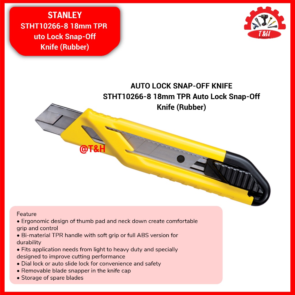 

Stanley 18 mm TPR Auto Lock Snap-Off Knife / Pisau Snap-Off 18 mm dengan Kunci Otomatis / Cutter Dengan Gagang Plastik dan Karet TPR / STHT10265-8
