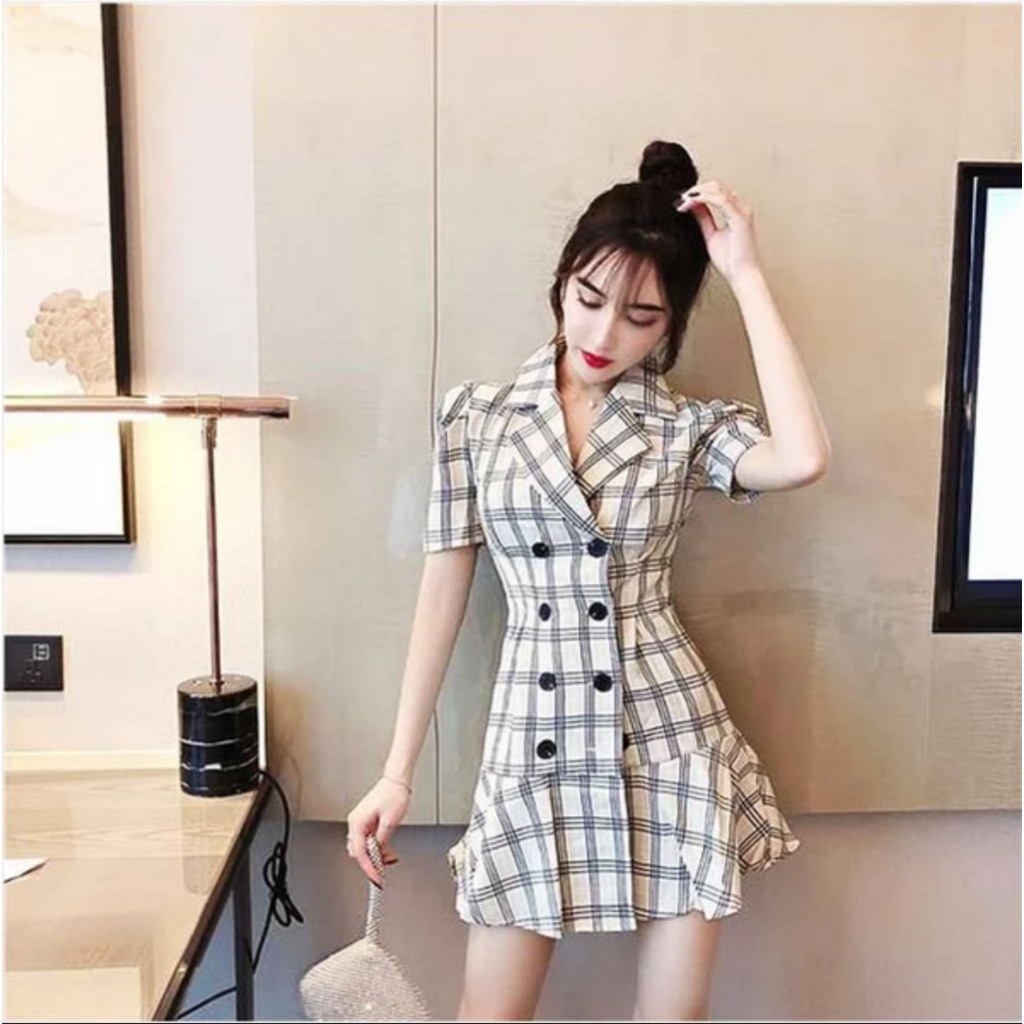 Mini dress kotak kotak katun casual wanita import korea