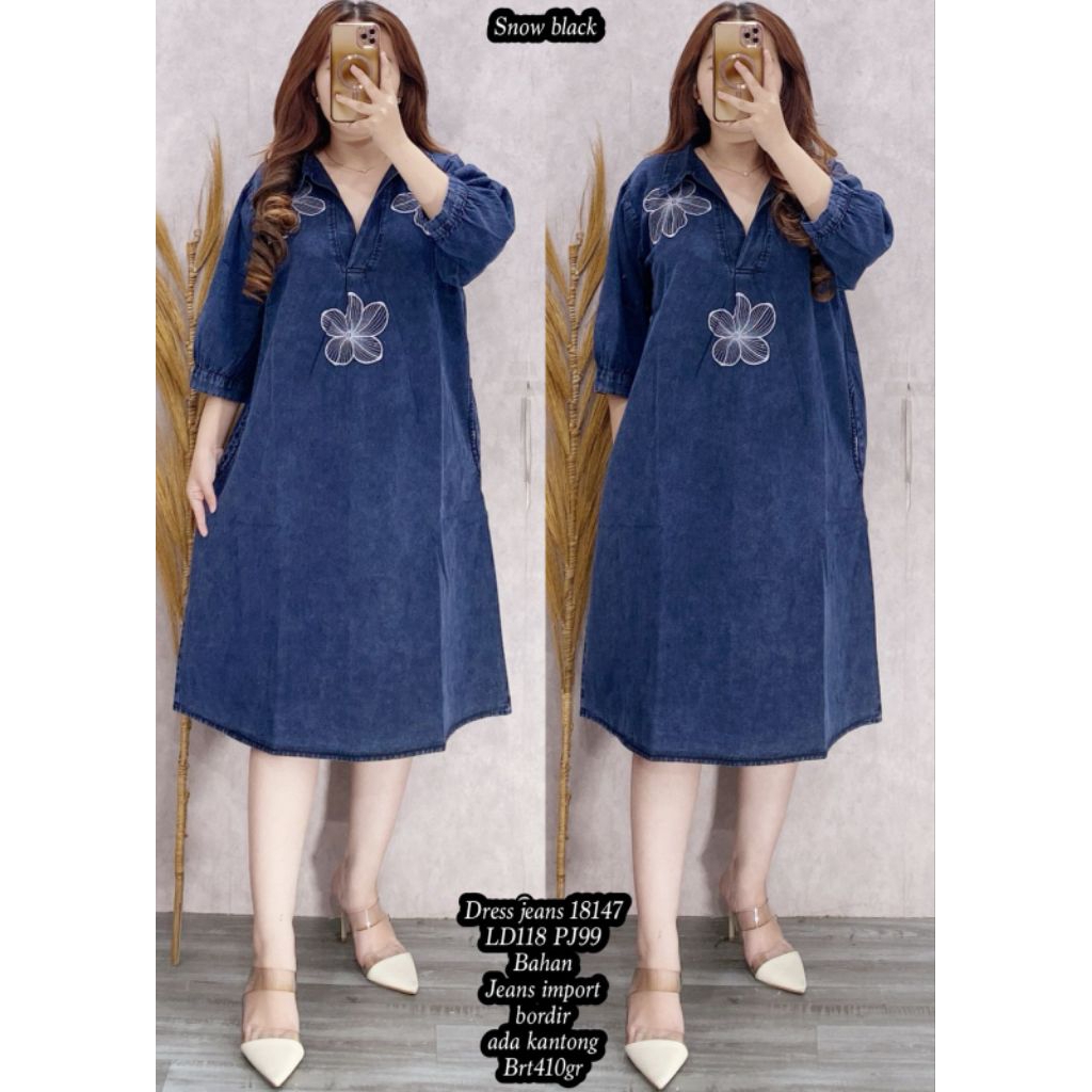 so DRES JEANS 18147 Casual Wanita Baju Midi Panjang Denim Terusan