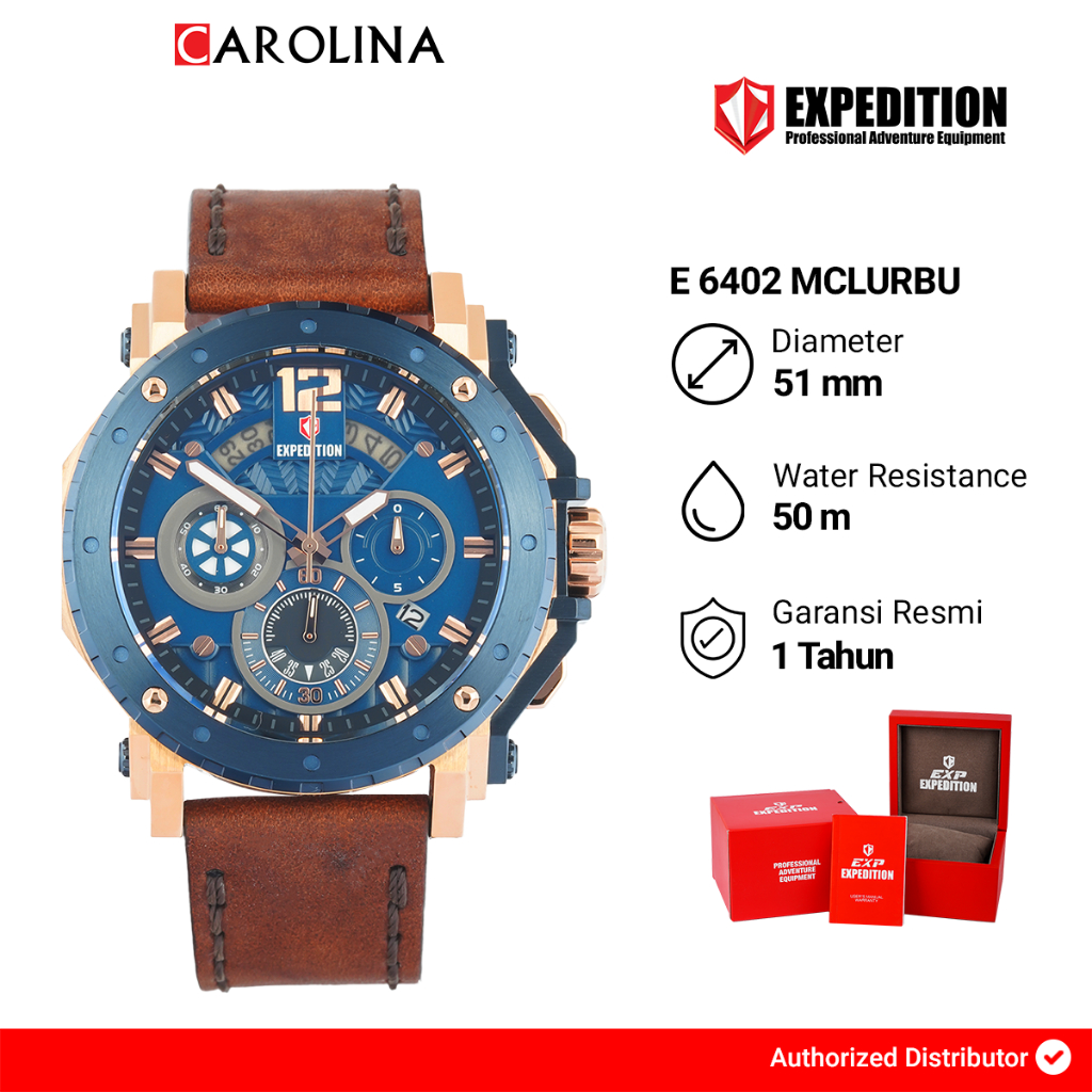 Jam Tangan Pria Expedition Exp Chronograph E 6402 MCLURBU Blue Dial Brown Leather Strap
