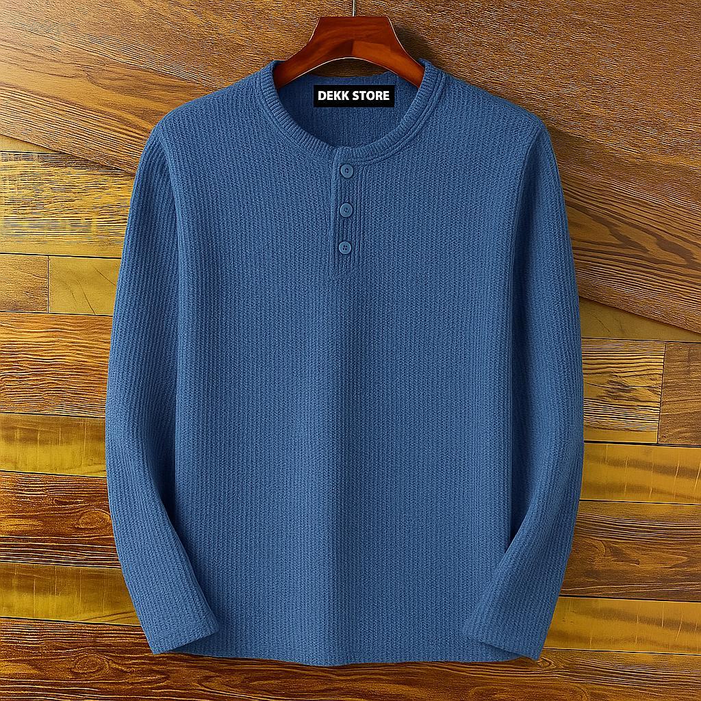 KAOS KANCING HENLEY WAFFLE KNIT LENGAN PANJANG/KAOS KANCING KNIT PRIA POLOS