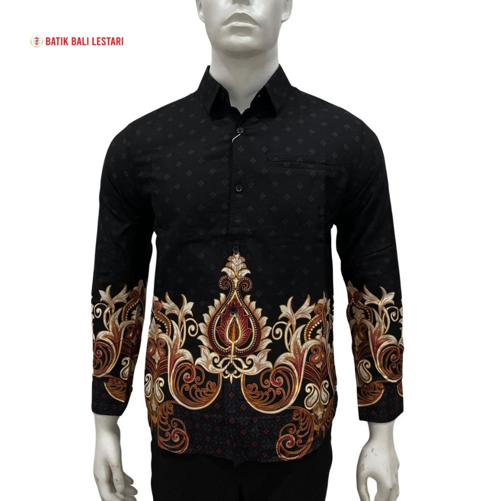 Batik Bali Lestari Kemeja Pria Katun Lengan Panjang Slimfit Hitam (BSL02)