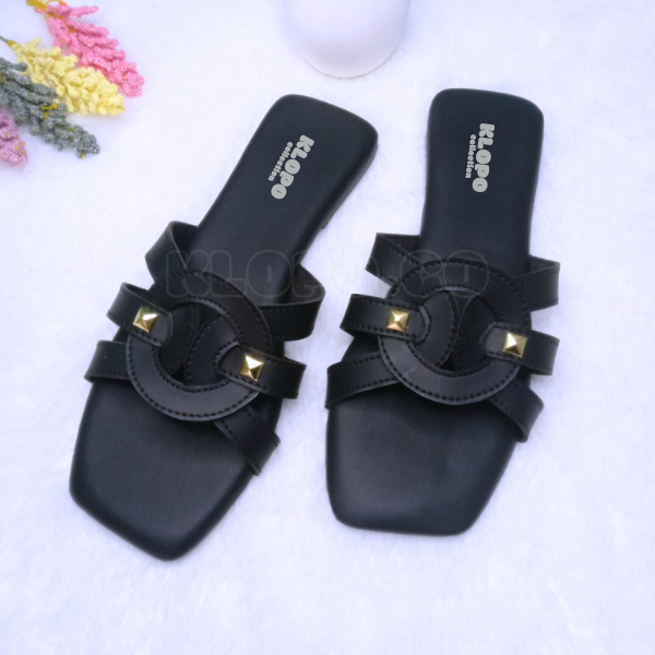 Sandal wanita selop kekinian flat / Slide slip on Balance Motif Pernak Pernik fld teplek piramid Ter