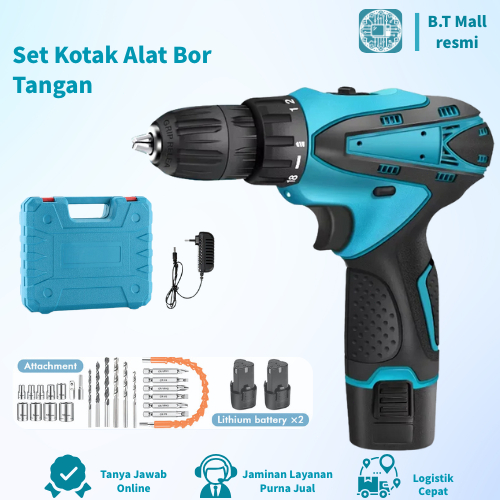 Bor Baterai Mesin Bor Listrik Tanpa Kabel Impact Drill Cordless Drill Koper 2 Baterai