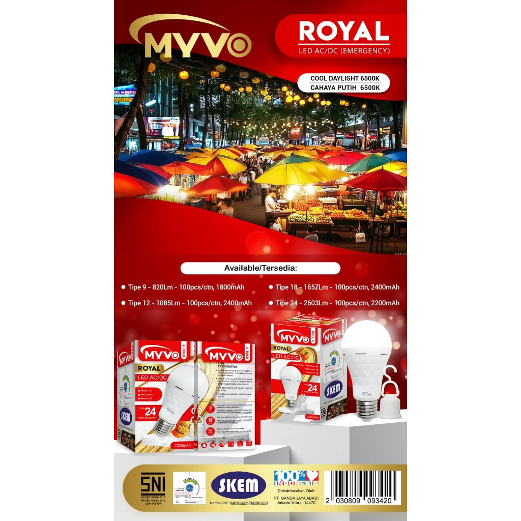 BOHLAM EMERGENCY MYVO ROYAL TIPE 9 12 18 24 LAMPU EMERGENCY LED MYVO ROYAL BOHLAM LED EMERGENCY AC/D