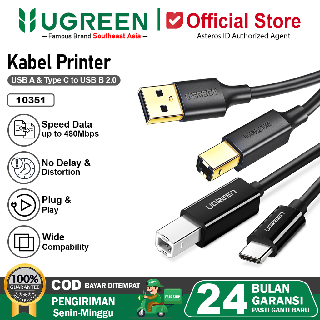 UGREEN Kabel Printer Canon Epson USB 2.0 & USB C To Male USB B 2.0