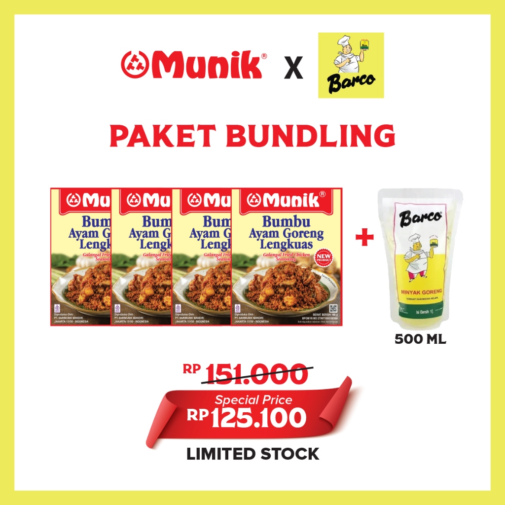 

Paket Bundling 4 Bumbu Munik Ayam Goreng Lengkuas 160 gr Free Minyak Barco 500 ml