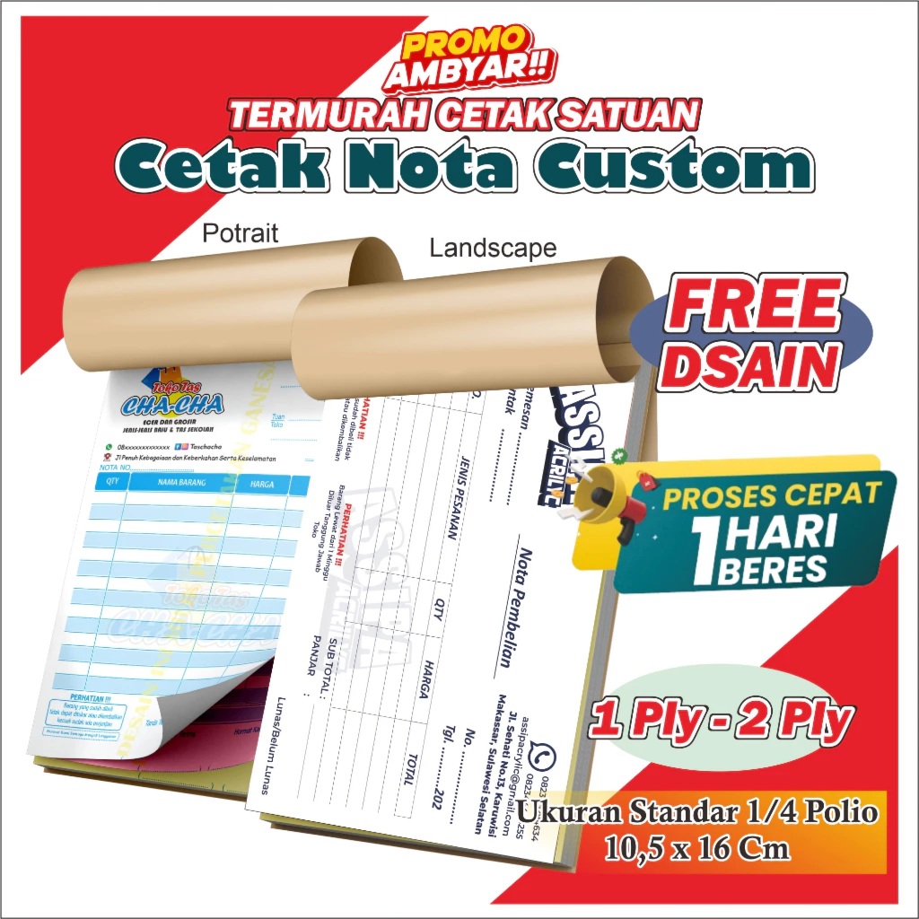 

Nota Custom 2 PLY Full Color Cetak Nota Custom Nama Ukuran Sedang 1/4 Folio Nota Custom 1Ply