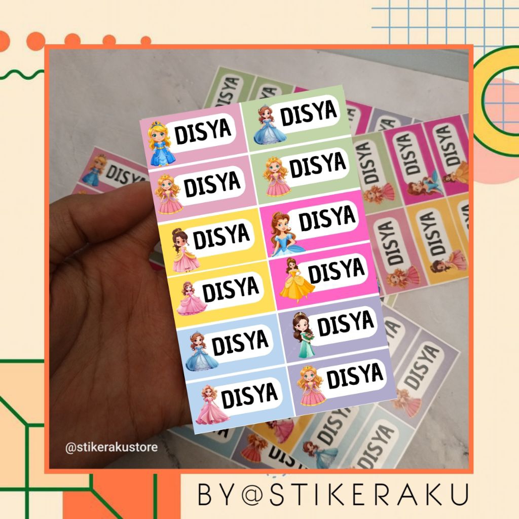 

Stiker Label Nama ATK Waterproof/Anti Air/ Tema Princess /Size 2x4 cm isi ±120 pcs