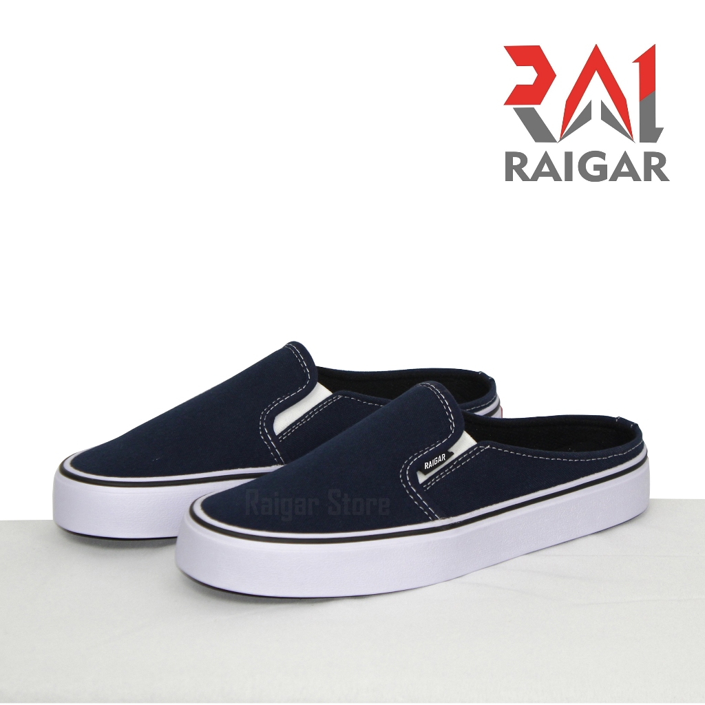 Sepatu Sandal Bustong Santai Tanpa Tali Pria  Wanita Slop Kanvas Navy simpel Termurah