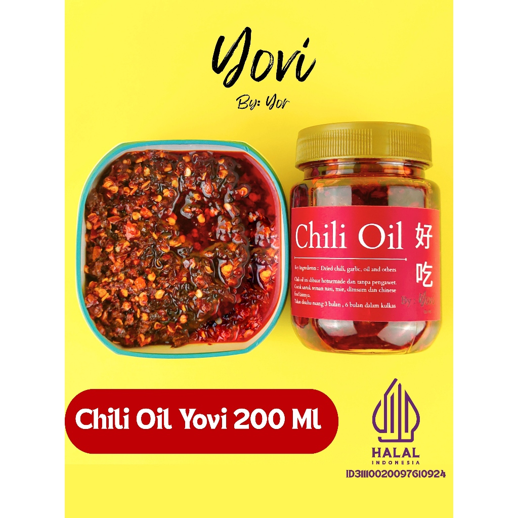 

Chili Oil Yovi / Minyak Cabai With Crunchy Garlic/Sambal,Sambel Dimsum 200gram (Vegan/Non Vegan)