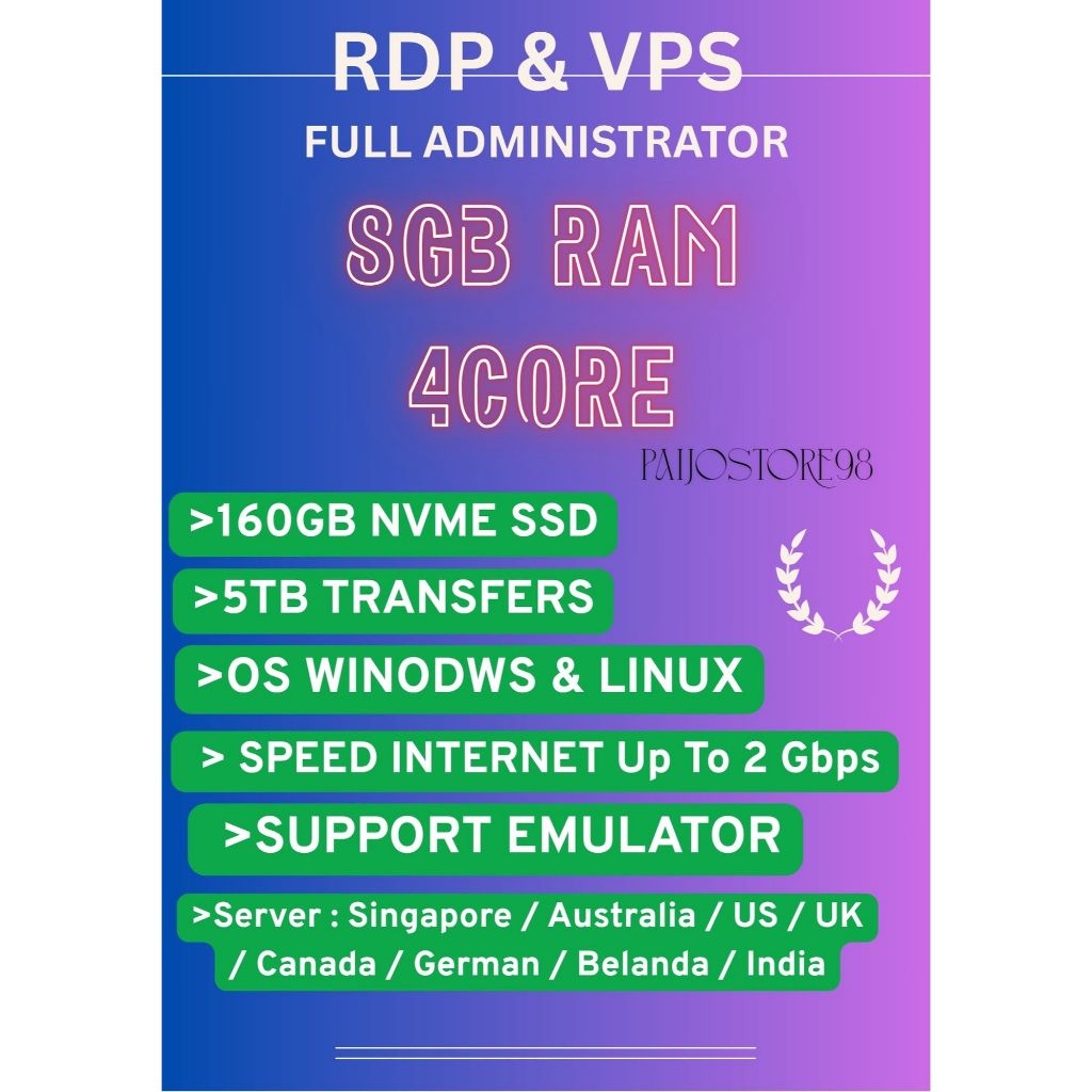 RDP & VPS Full Administrator 4 Core 8GB RAM