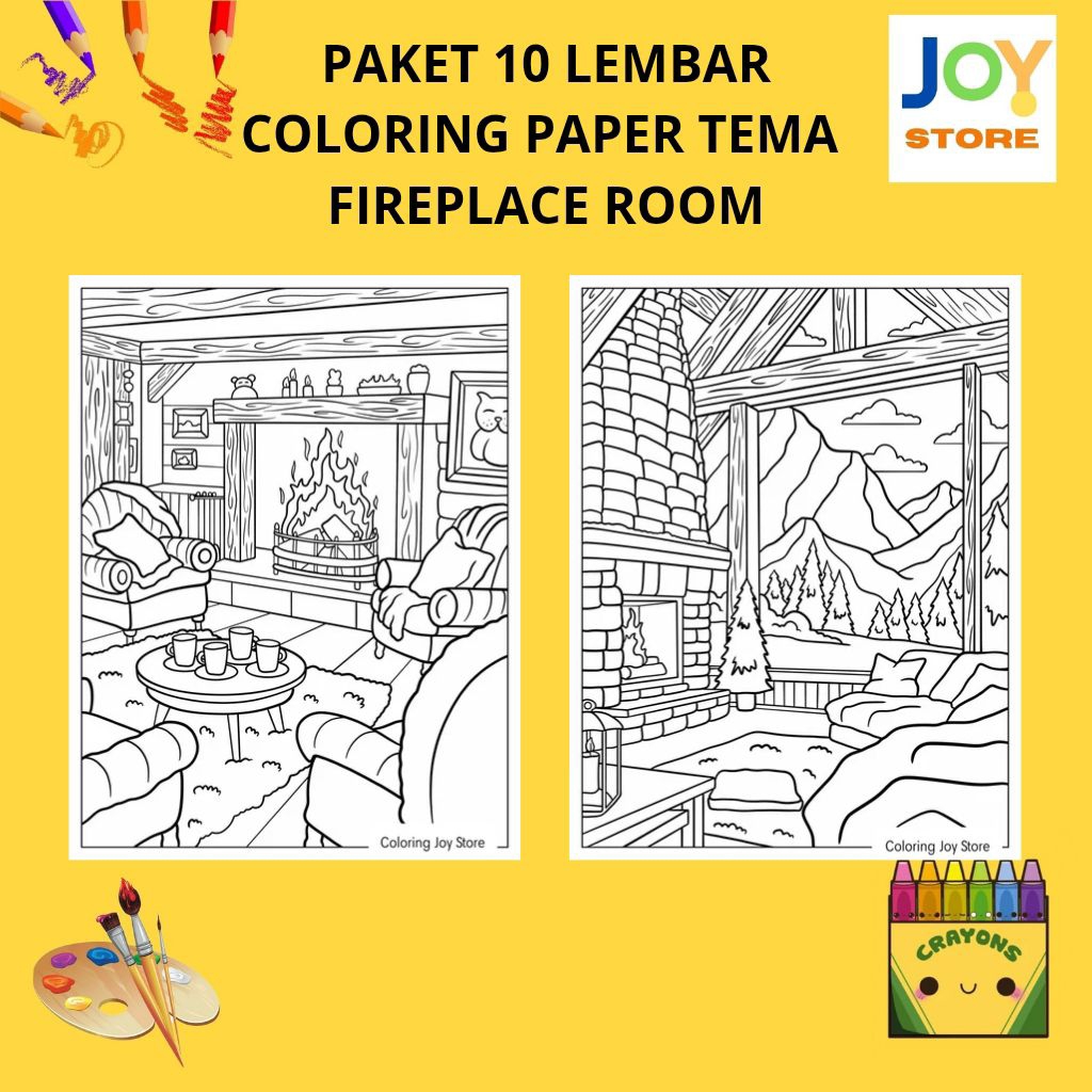 

PAKET 10 Lembar Kertas Gambar Mewarnai Tema Fireplace Room / Living Room Aesthetic Cozy Room Ukuran A4 150 gsm - Coloring Paper 134