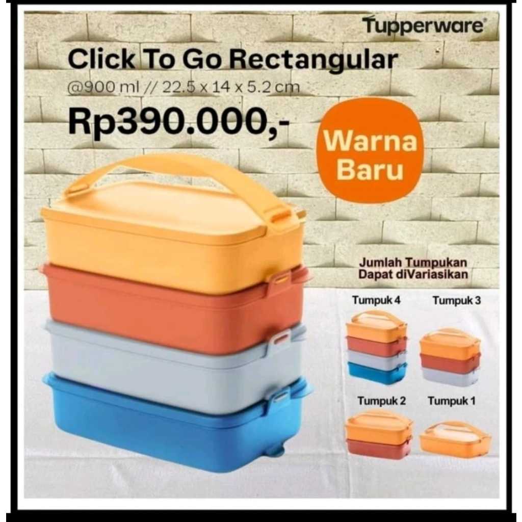 Tupperware Click to go rectangular rantang makanan 4 tingkat susun 900ml dengan handle