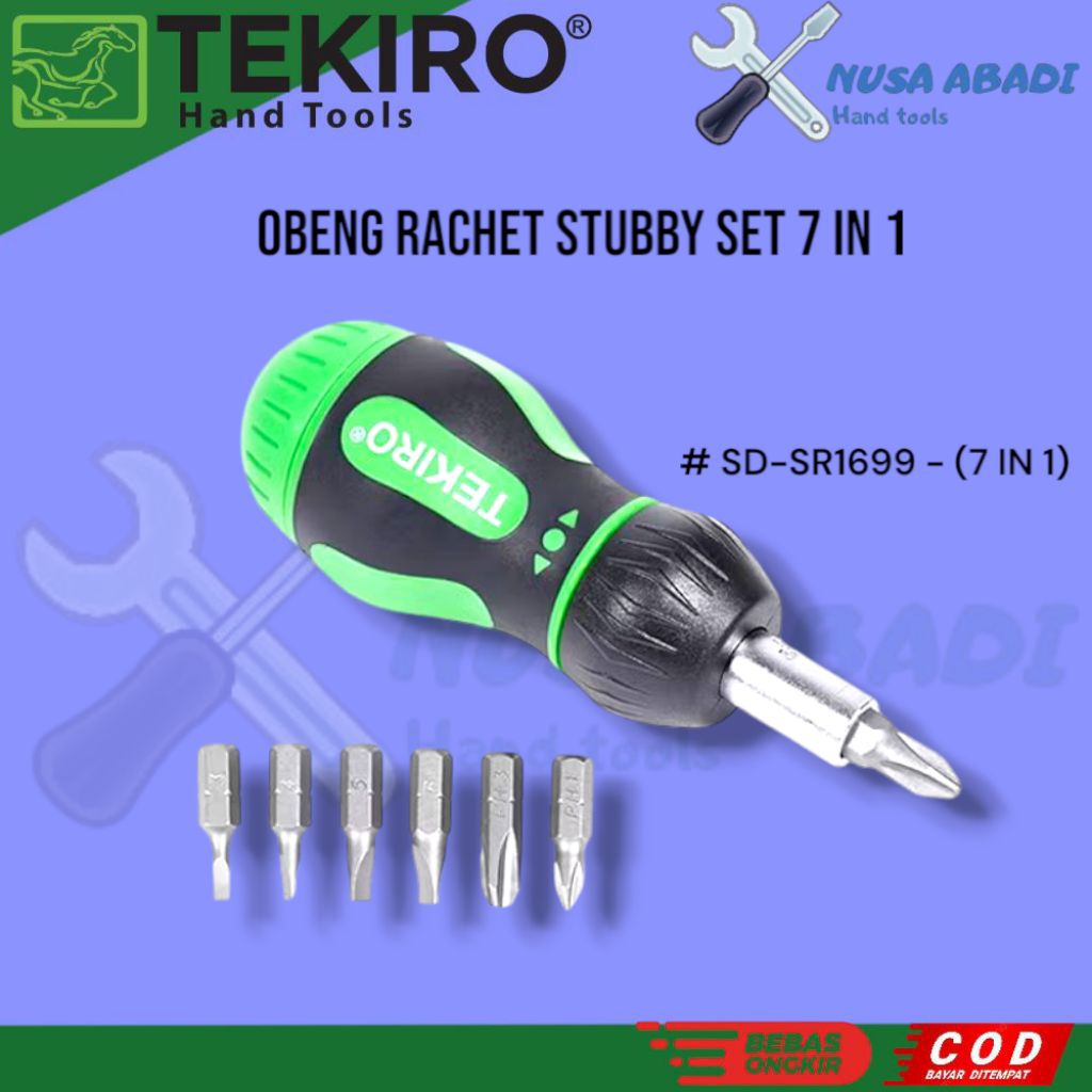 Obeng Rachet Kecil Tekiro / Obeng Rachet Stubby Set 7 in 1 Tekiro / Stubby Rachet And Bits Set 7 in 