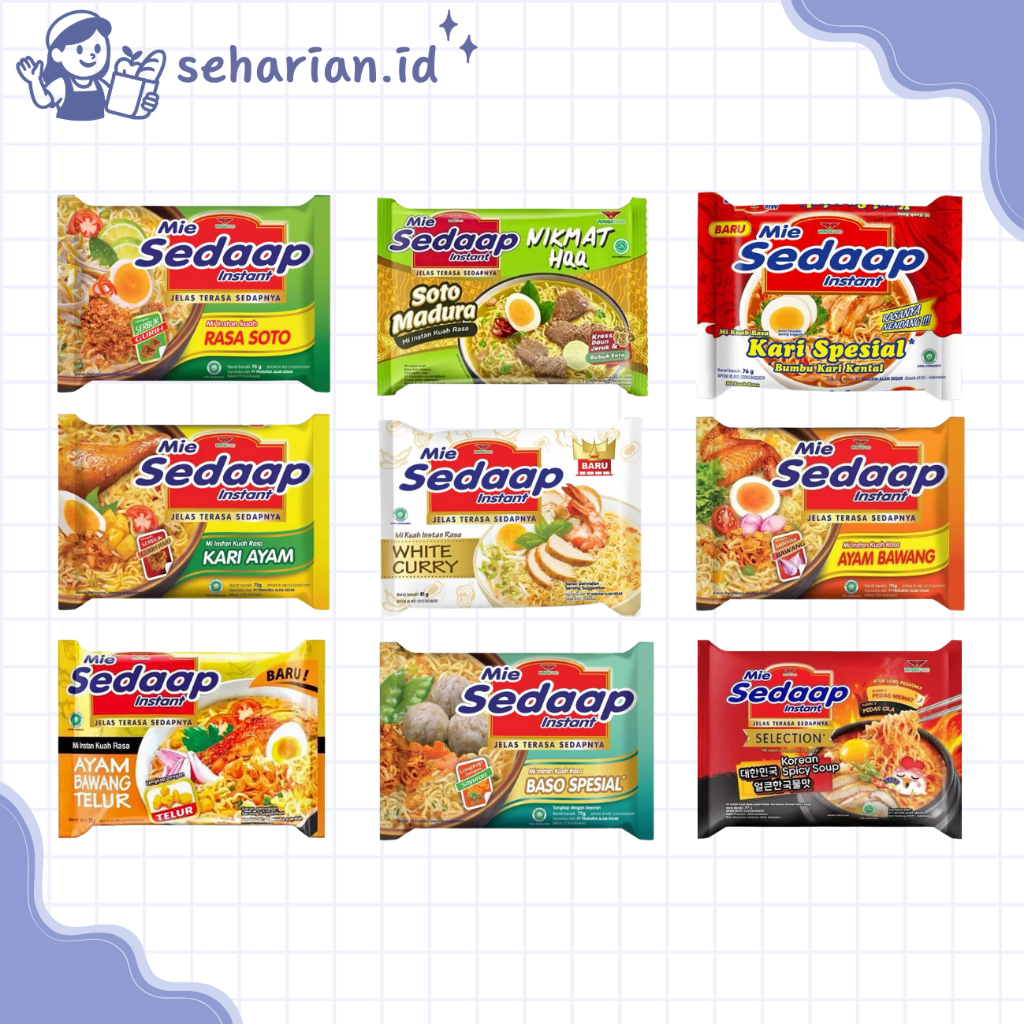 

MIE SEDAAP INSTANT KUAH ALL VARIAN (SOTO/SOTO MADURA/KARI SPESIAL/KARI AYAM/WHITE CURRY/AYAM BAWANG/AYAM BAWANG TELUR/BASO SPESIAL/KOREAN SPICY SOUP)