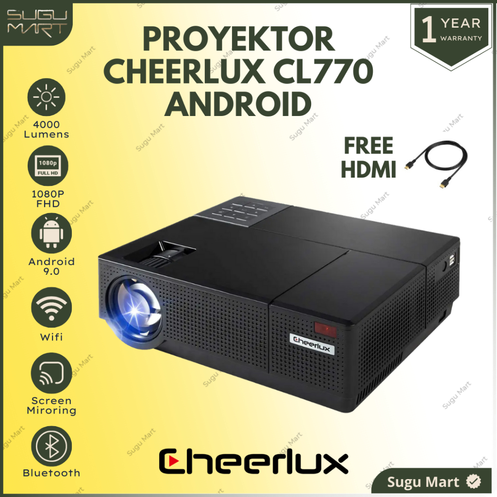 Proyektor Cheerlux CL770 4000 Lumens | Proyektor Android Wifi Full HD 4K | Proyektor Android Bluetoo