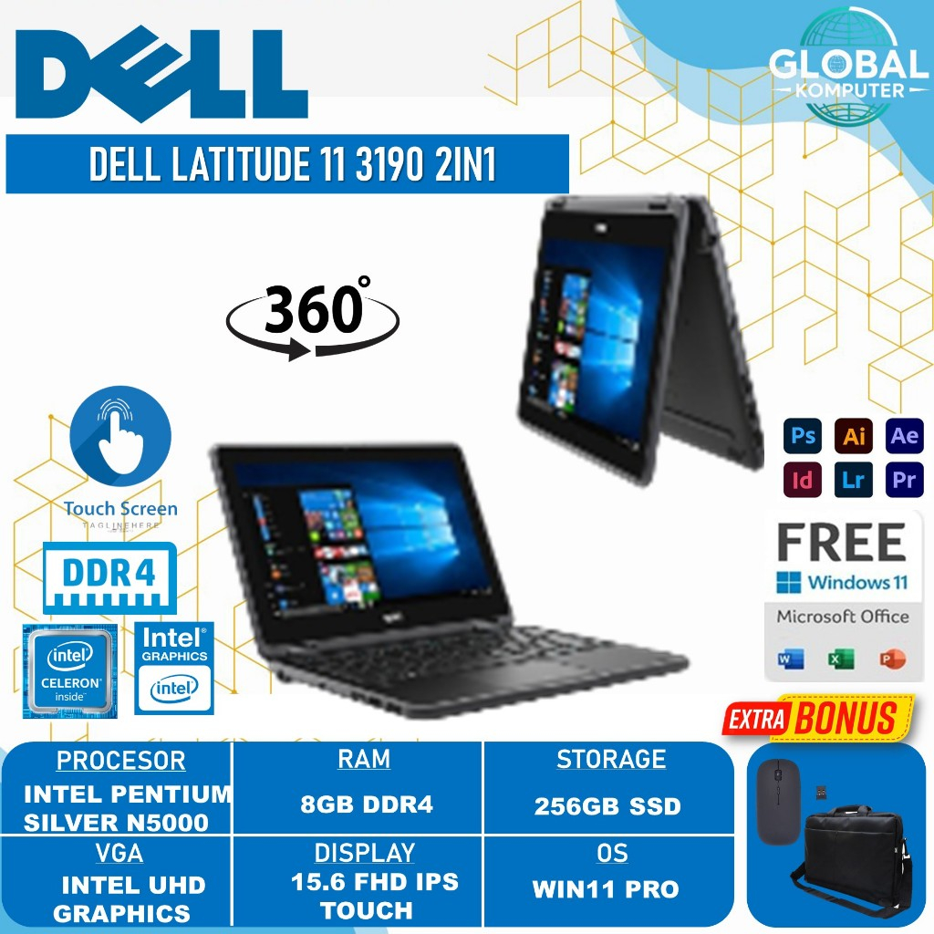 Laptop 2in1 Dell Latitude 11 3190 Intel Pentium Silver N5000 RAM 8GB 256GB 11.6 Inch HD Touchscreen