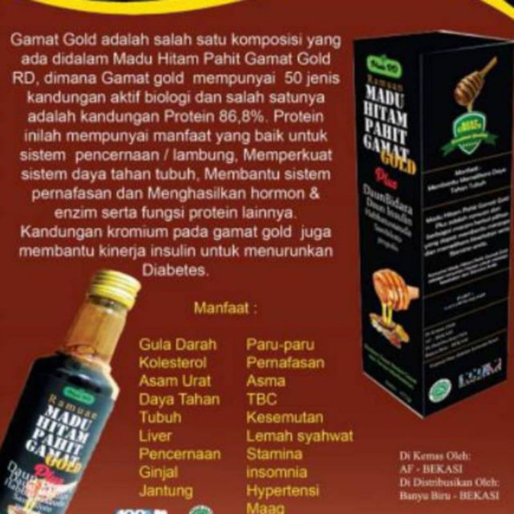 

Madu Ramuan Hitam Pahit Gamat Gold Plus Insulin Sambiloto Propolis
