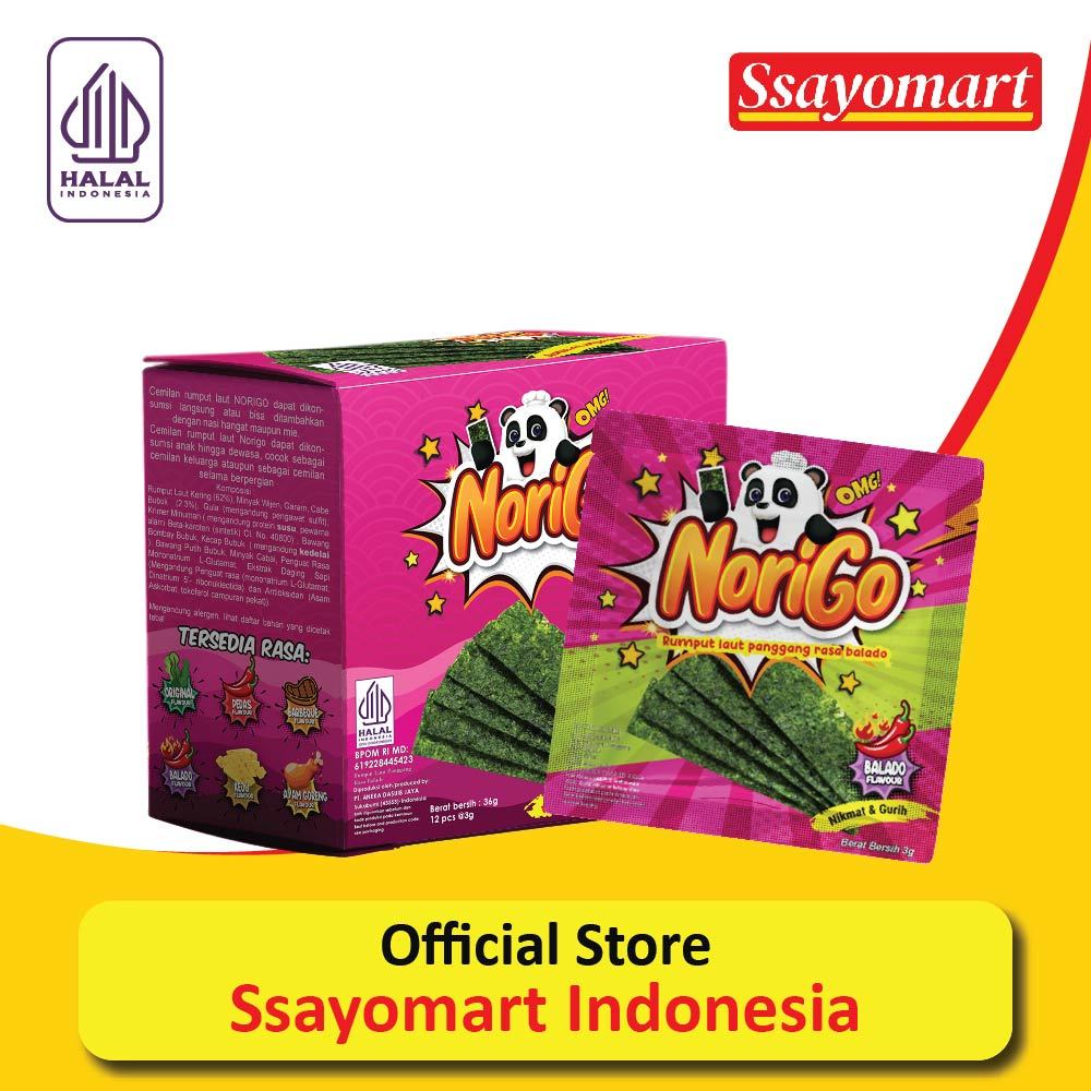 

Norigo Balado (1 BOX ISI 12 PCS) / Nori Sachet Seaweed Snack 3g Rumput Laut Halal Rasa Balado