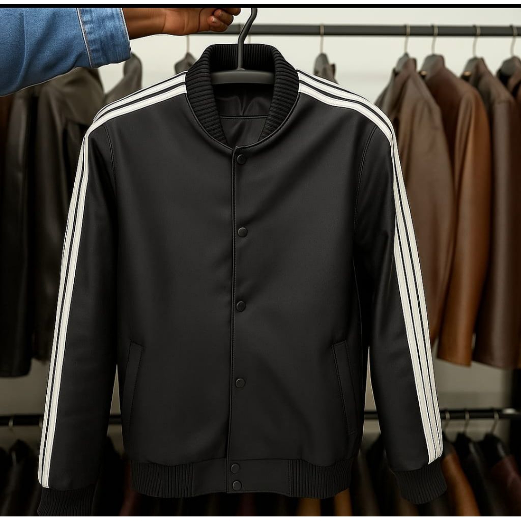 Jaket Kulit Asli Domba Pria – Desain Sporty Garis Putih, Bahan Premium Nyaman Dipakai