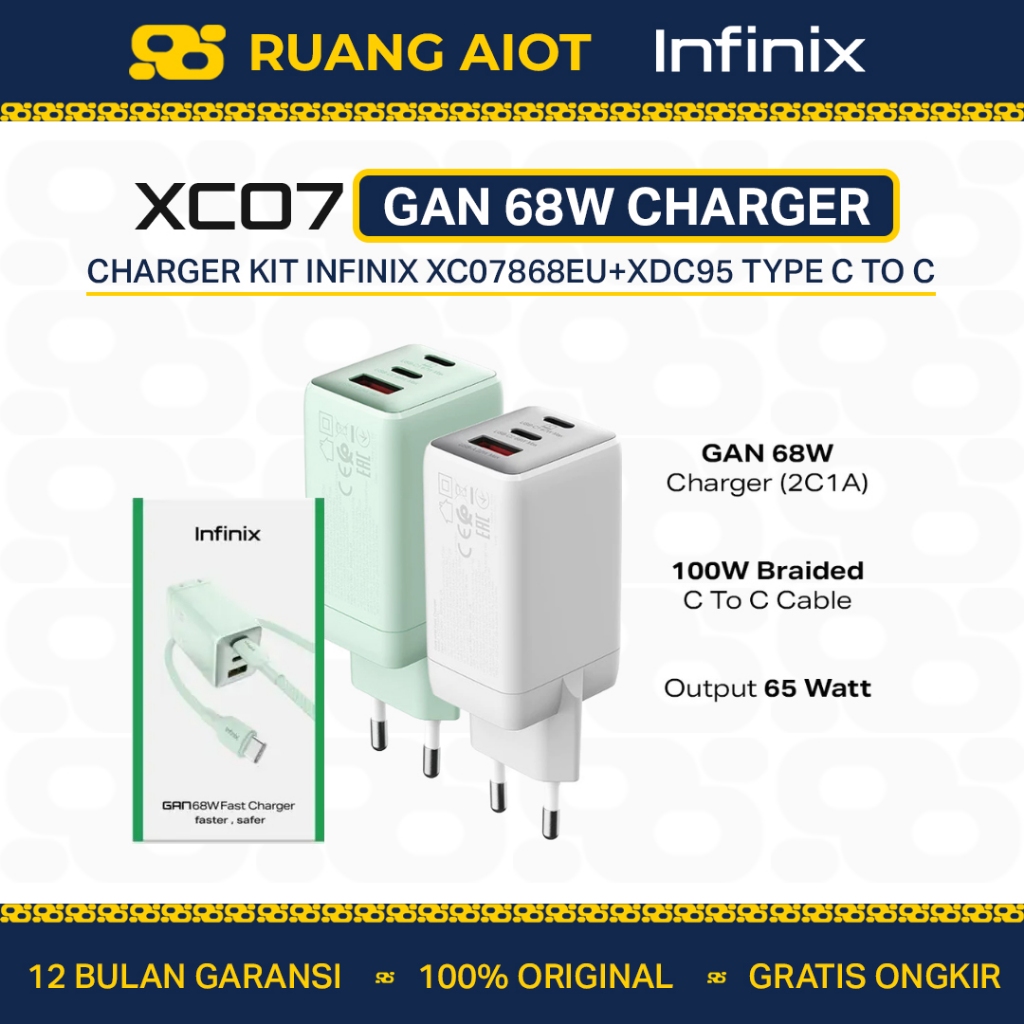 Infinix Charger Kit XC07 - Gan 68W Charger - 2C1A - 100W Braided C to C Cable - Output 65W