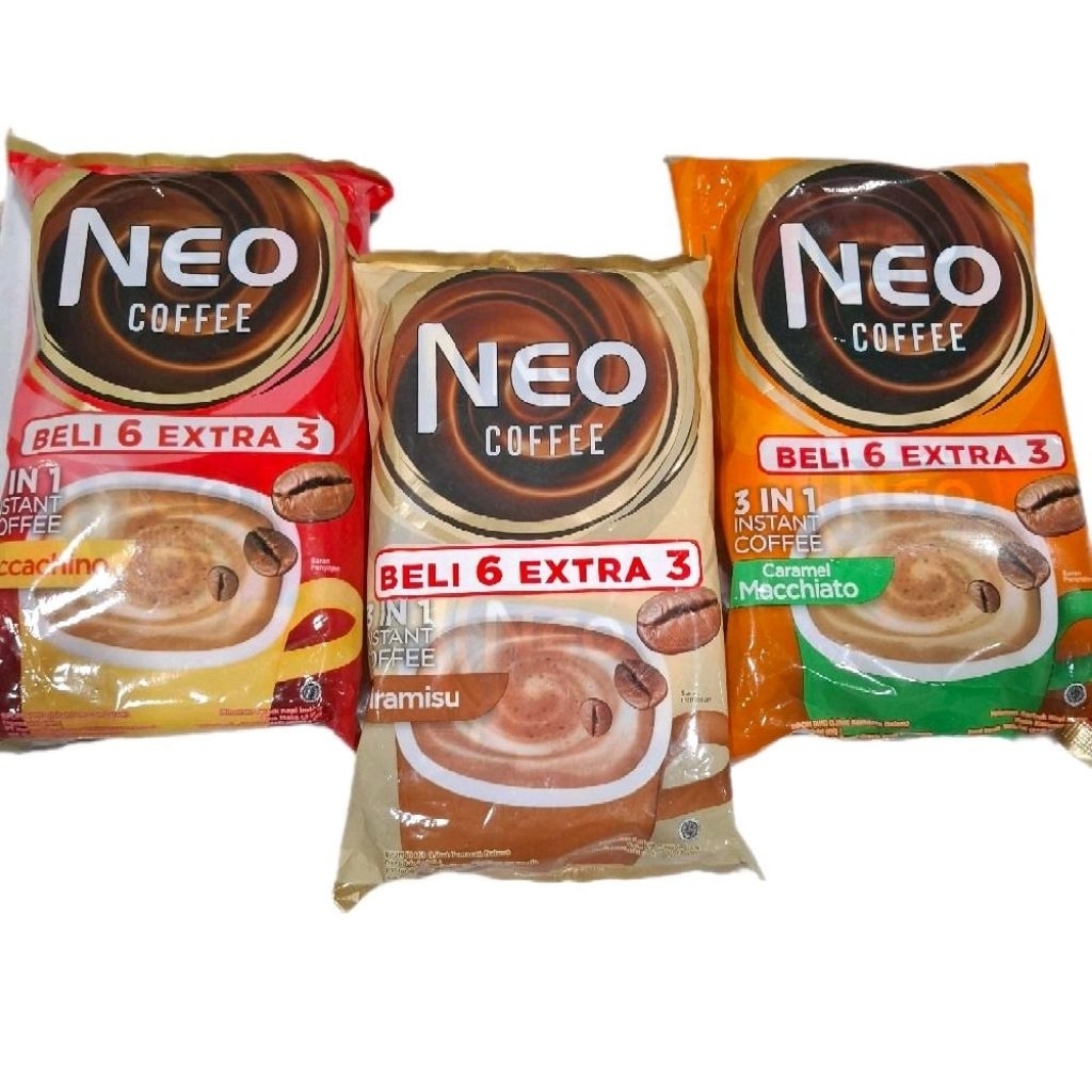 

(DIX JOGJA) NEO COFFEE MOCCACHINO / MACHIATO / TIRAMISU KOPI INSTAN 3IN1 RENCENG 9 SACHET 20GR (6 EXTRA 3)