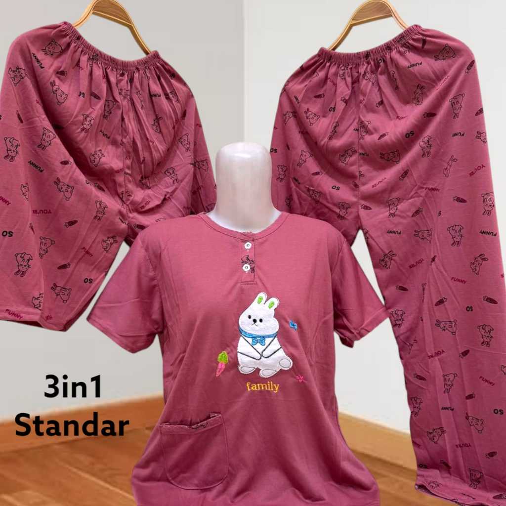 Baju Tidur Kaos Babydoll 3in1 Standar Model 1 Baju Dan 2 Celana Gambar Bordir