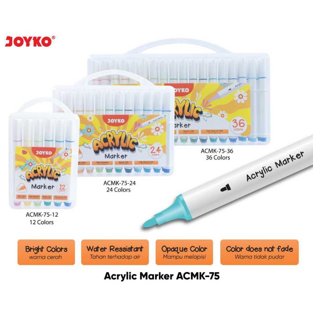 

acrilic marker joyko kode amck 75 isi 12 / 24 / 36 warna spidol akrilic segala permukaan