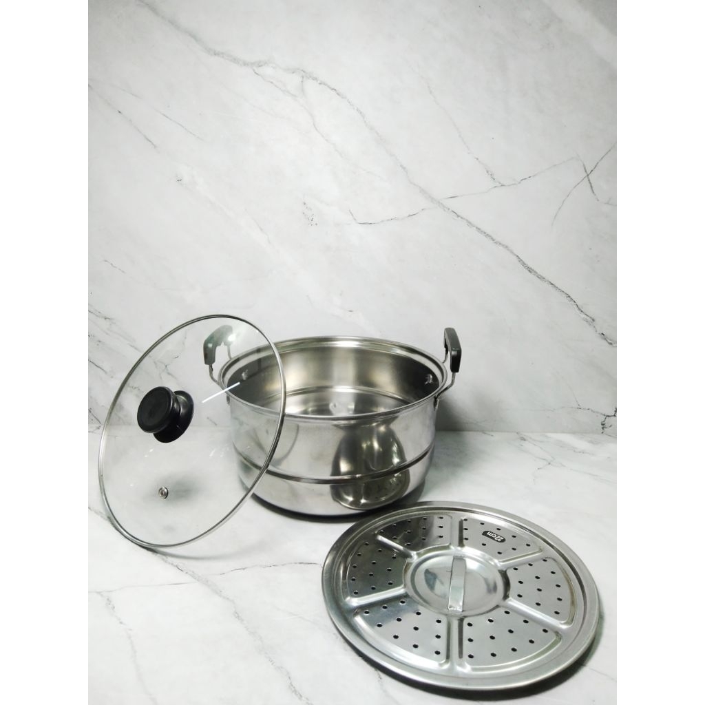 PANCI KUKUS 555 STAINLESS STEEL 22 CM / PANCI KUKUSAN + TUTUP KACA - 555