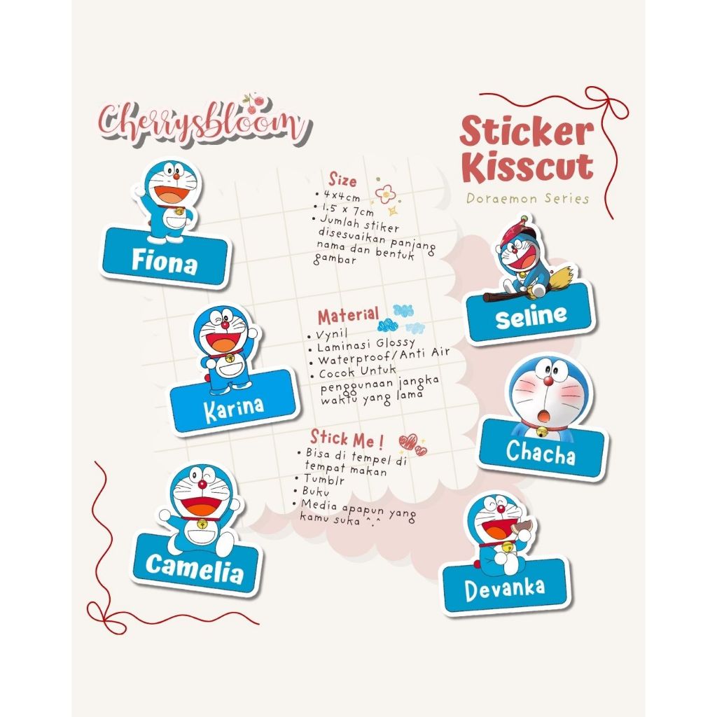 

Stiker Kiss Cut DORAEMON Label Nama Waterproof Tahan Air