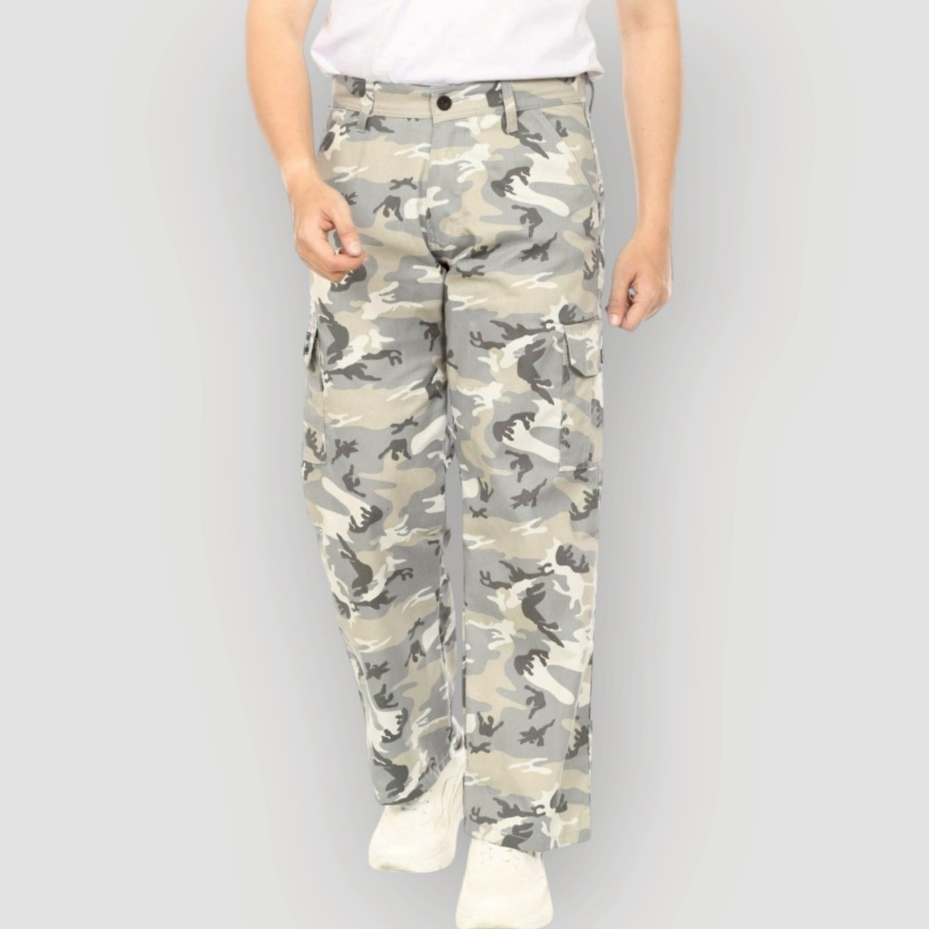 WOKER - Celana Loreng Putih Panjang Pria Cargo Baggy Pants Gombrong Reguler Fit Pants