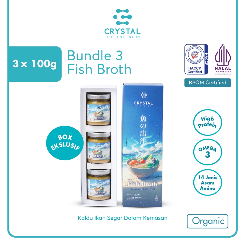 

Crystal of The Sea | Fish Broth (Exclusive Box - 3 x 100gr) / Kaldu Ikan dalam kemasan / Kaldu MPASI Natural / Kaldu Non MSG Sehat / Kaldu kaya protein (Albumin) untuk mempercepat pemulihan / Kaya Omega 3 / Vitamin pasca operasi