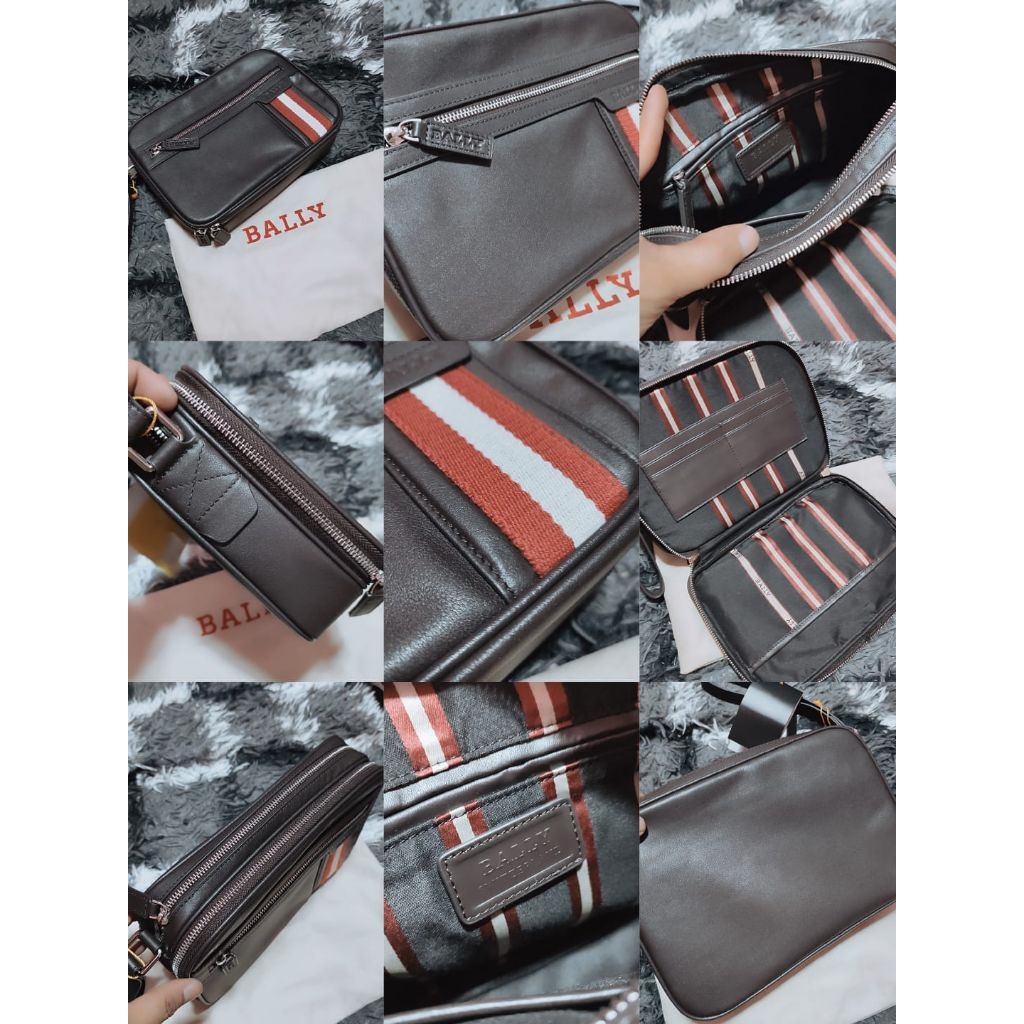 Handbag clutch pouch pria kulit coklat list merah putih