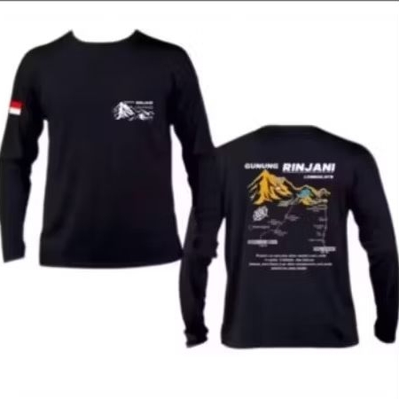 Kaos Hitam Lengan Panjang Jalur Pendakian Gunung Rinjani NTB Kaos Distro Unisex Bahan Adem & Nyaman