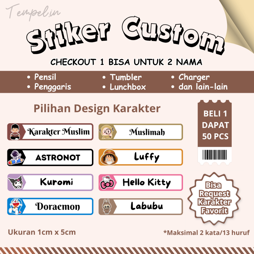 

Stiker Nama Pensil Pulpen Alat Tulis ATK Isi 50Pcs Bisa Request Karakter