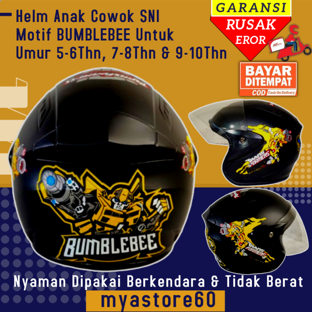 Helm Anak Anak Cowok Helem Helm Hitam Laki-laki Motif BUMBLEBEE Umur 5 6 7 8 9 dan 10 tahun
