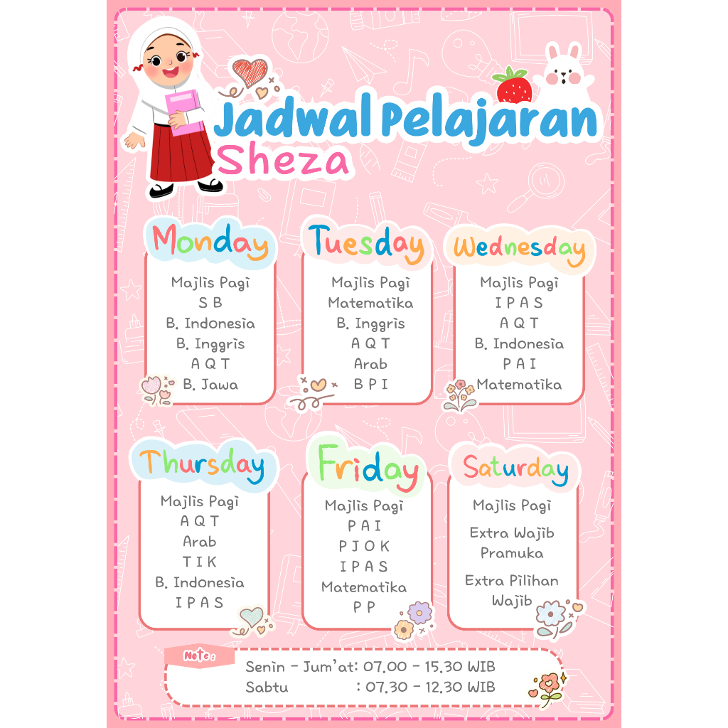 

Custom Jadwal Pelajaran Sekolah - Custom Nama dan Mata Pelajaran - Desain Eksklusif Ukuran A4 - Tema Girl Anak Perempuan SD dan SMP