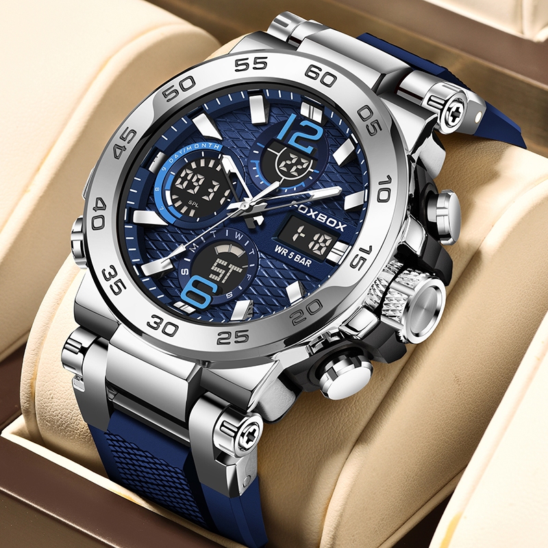 FOXBOX Original Asli Jam Tangan Pria  Anti Air Dual Display  Sport Jam Tangan LIGE Digital Tali Sili