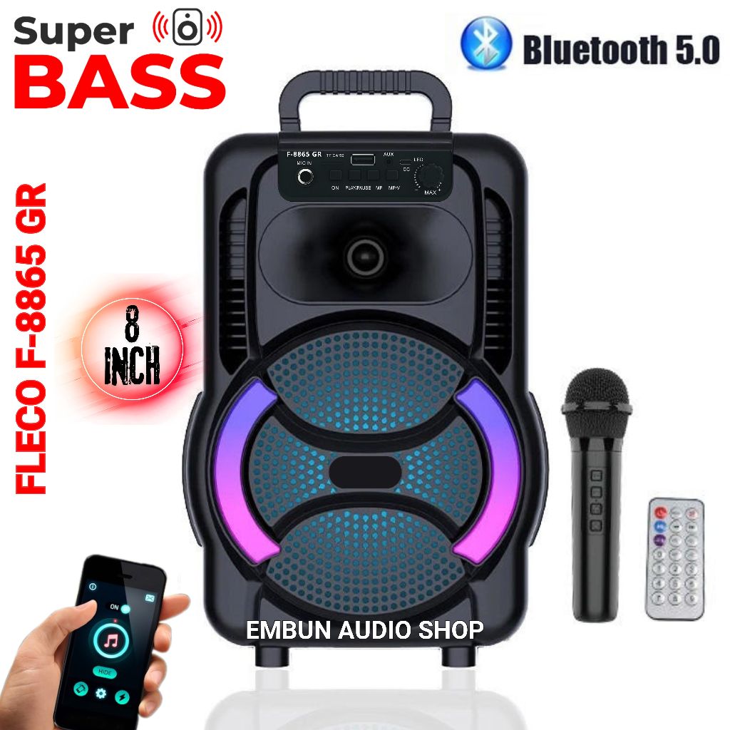 Speaker Karaoke FLECO F-8865 GR – Wireless + Mic, TWS Bluetooth, Suara Jernih & Baterai Awet 3000mAh