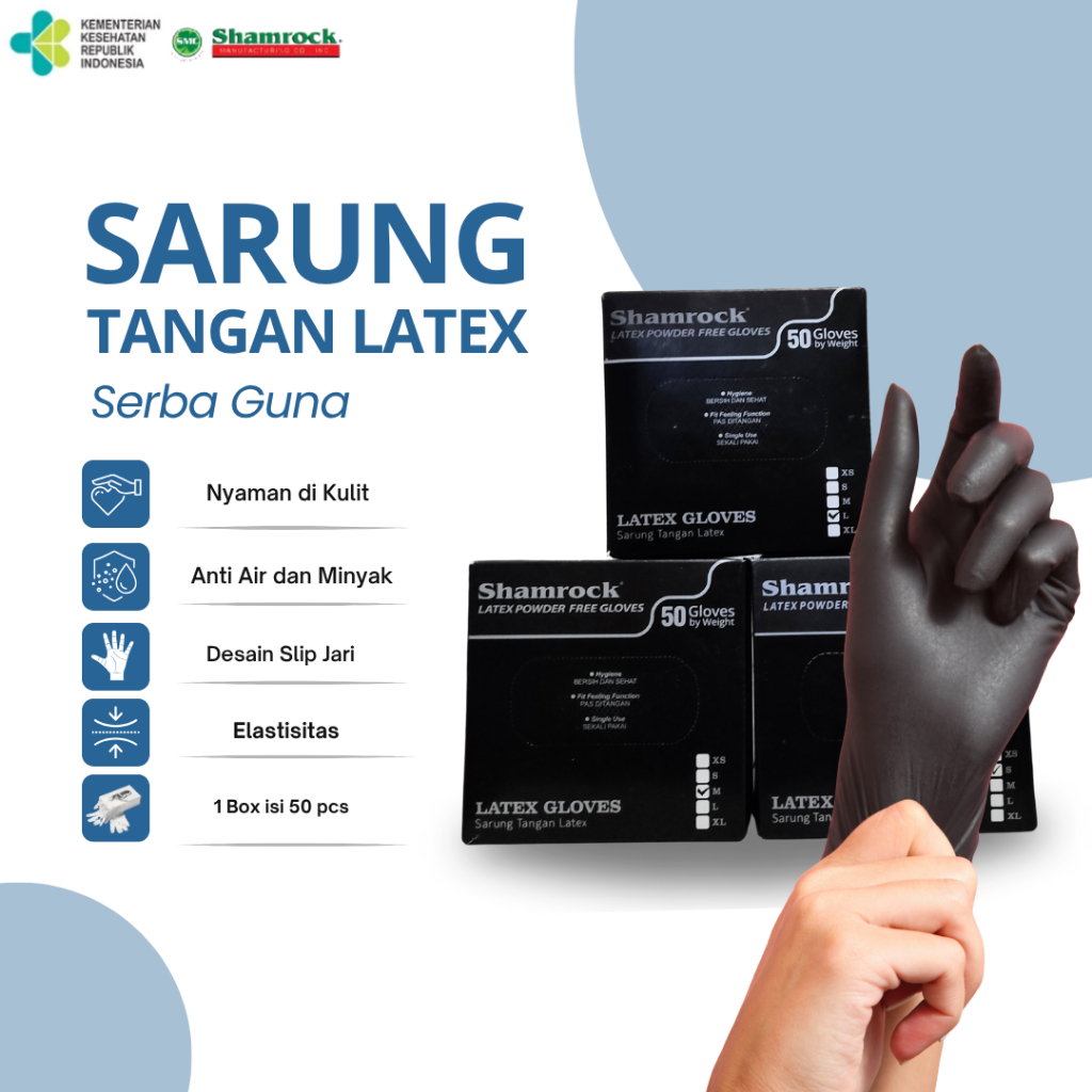 Shamrock Sarung Tangan Medis Latex Non-Powder Isi 50 pcs | Sarung Tangan Karet Tebal Steril | Anti B
