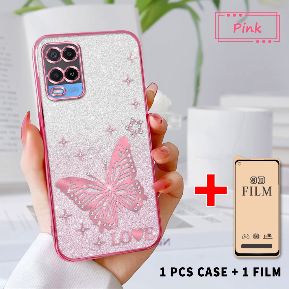 2 in 1 Case untuk OPPO A54 Casing Kupu-Kupu & Bintang Rhinestone 3D Bling Softcase Anti Jatuh dengan