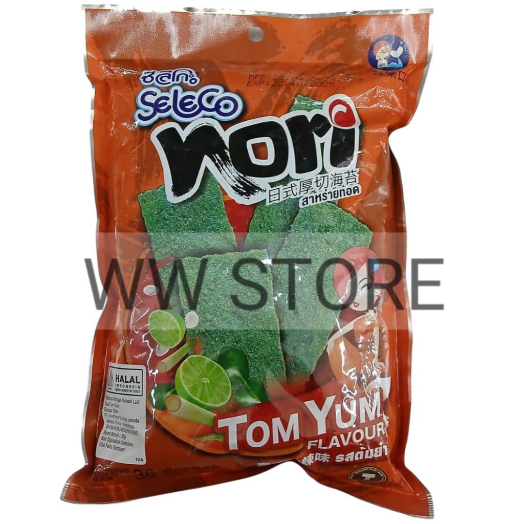 

Cemilan snek makanan ringan rumput laut nori rasa tomyam tomyum halal MUI Seleco Tom Yum Yam flavour seaweed 36g