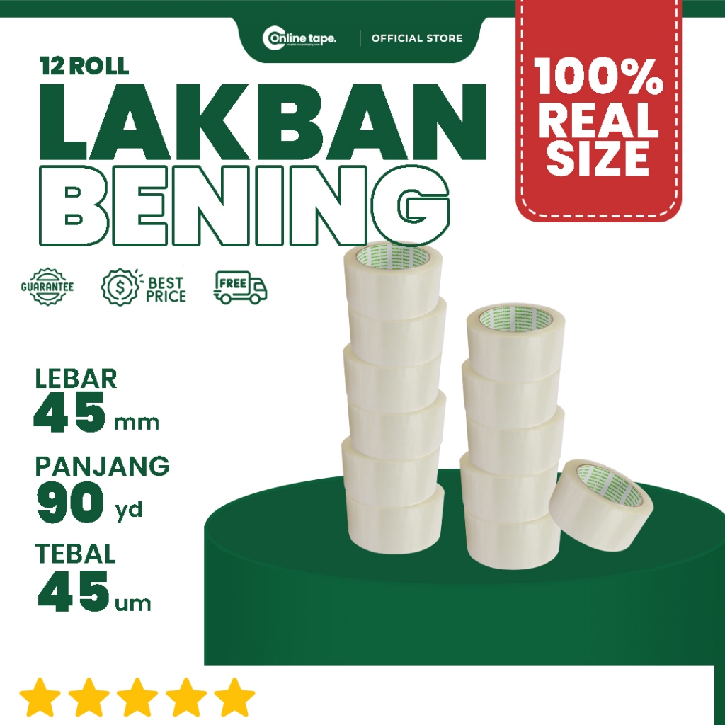 

12 pcs Lakban Bening 45 MM X 90Y PURE Ukuran Real Online Tape Lakban Isolatip Solatip Kualitas Nachi Daimaru Murah