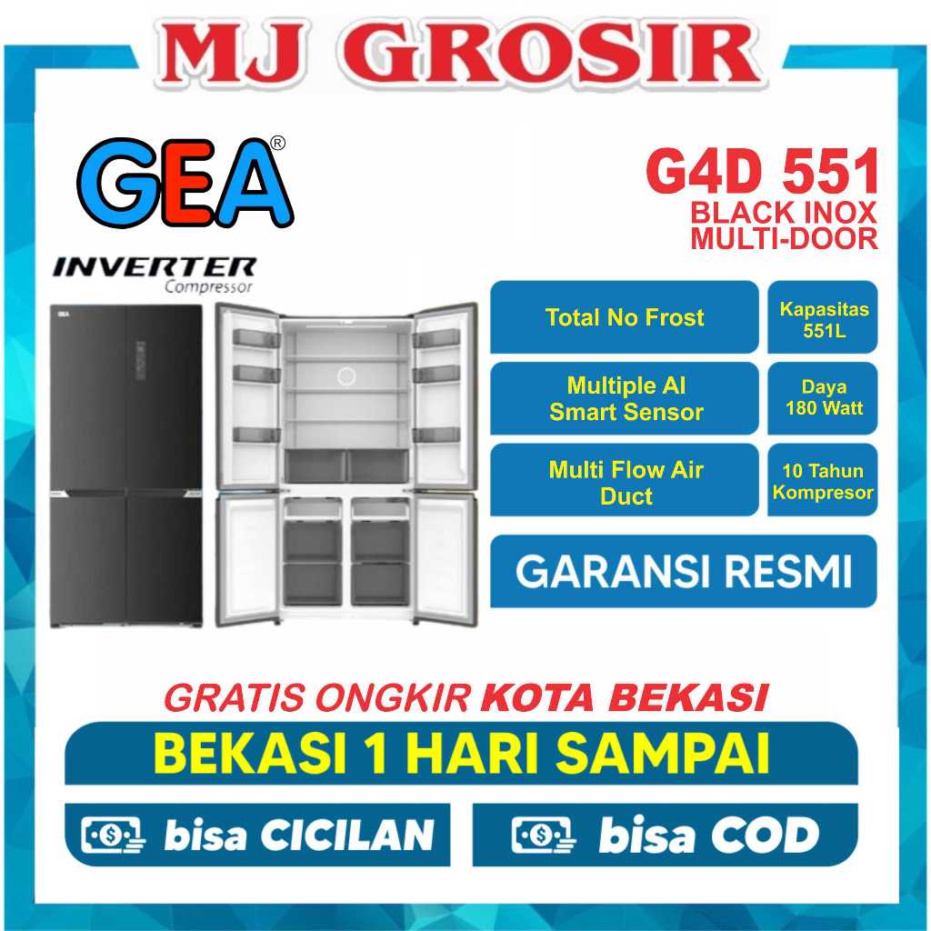 KULKAS GEA G4D 551 BLACK INOX LEMARI ES 4 PINTU G4D-551 G4D551 MULTI DOOR