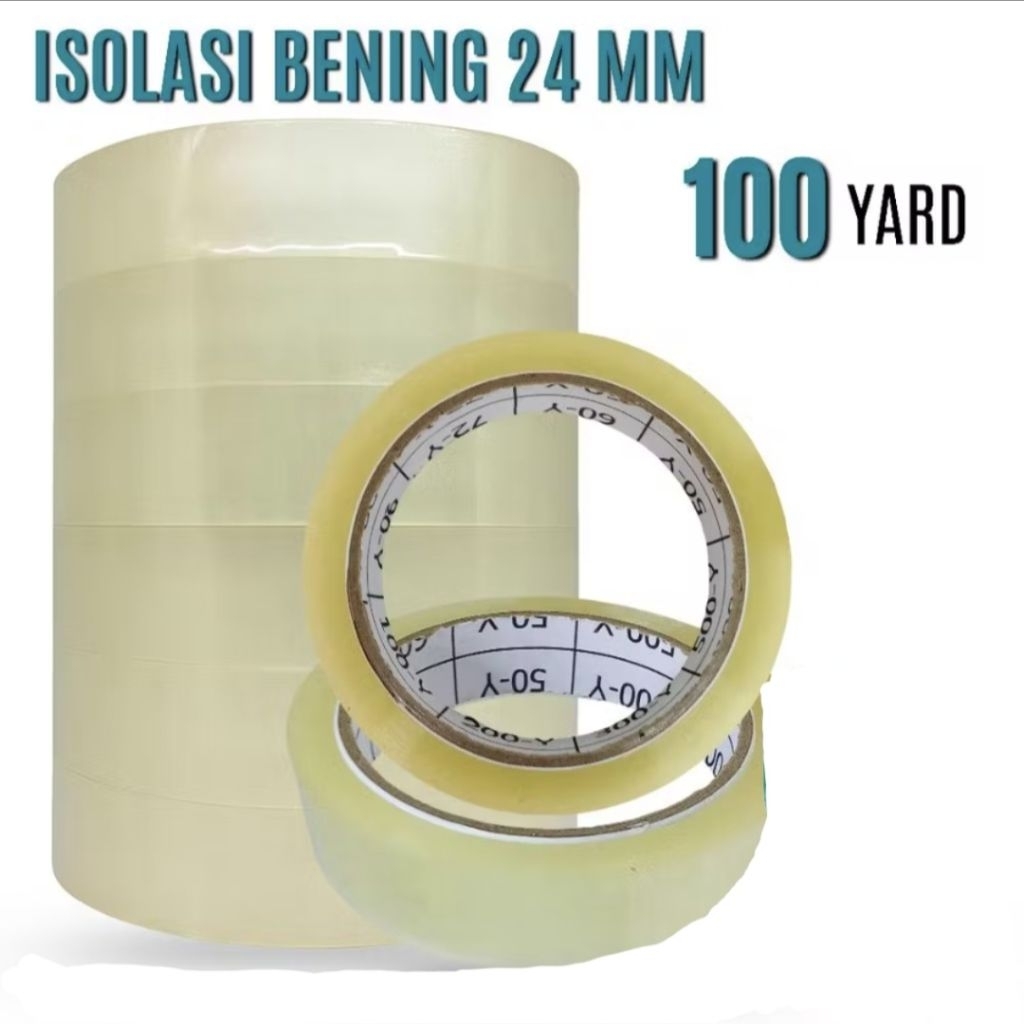 

Isolasi bening 24mm 100 Yard / Solatip bening 24mm x 100 yard / Lakban 1 inch / Lakban OPP bening