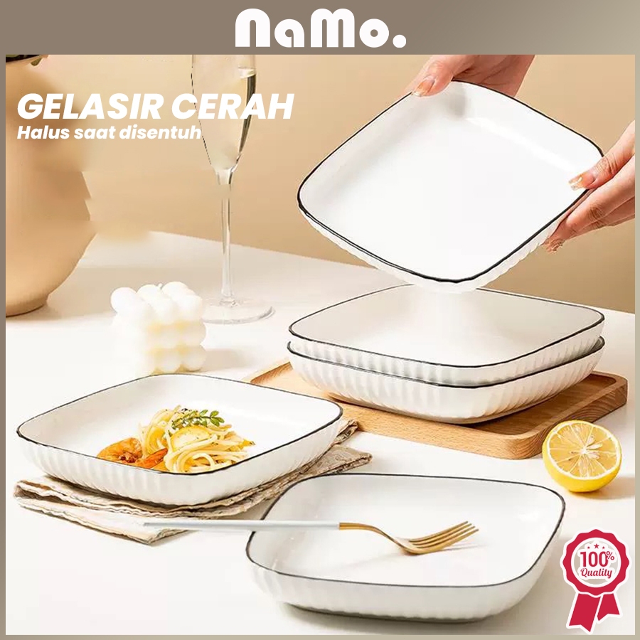 Namo Gift - Piring Makan Kotak Keramik Putih List Black Yamada Style/ Piring Persegi Japanese Style