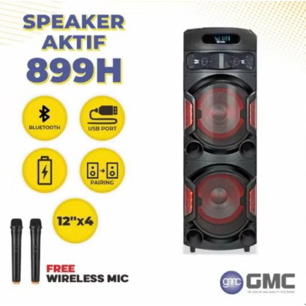 SPEAKER PORTABLE BLUETOOTH AMPLIMEETING GMC 899H 899 H 2x12inch 12in 12inch Bonus 2 Mic Wireless