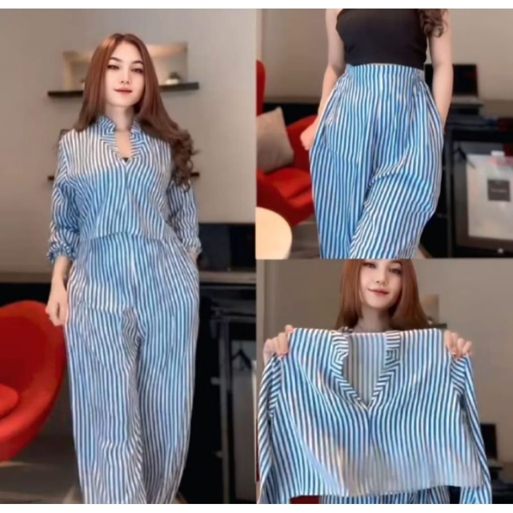 Baju Setelan Wanita Kekinian / One Set Garis Wanita Terbaru / Setelan Stripe Pakaian Wanita Masakini